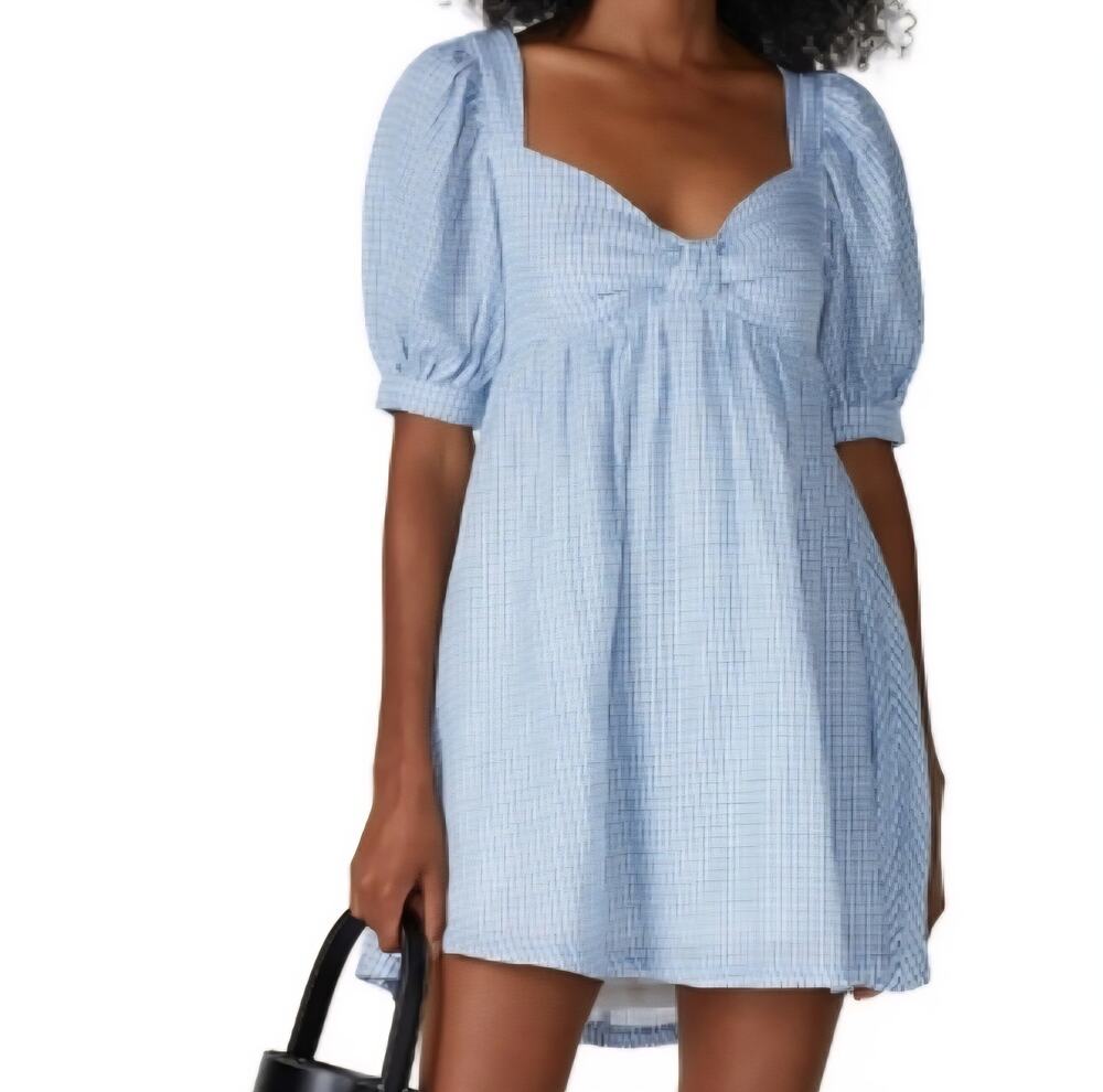 RTR Now Blue Gingham Babydoll Mini Dress size L blue white milkmaid cotton